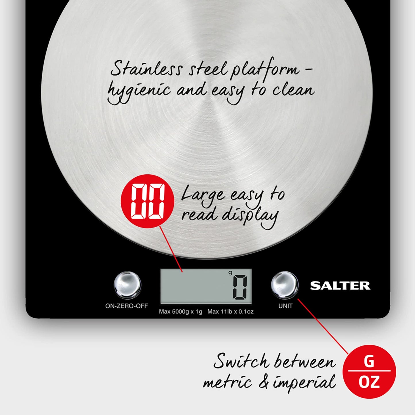Salter Digital Kitchen Scale 5kg Capacity Baking/Cooking, Slim Disc Design Black