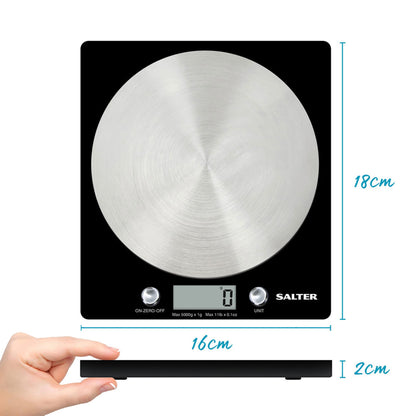 Salter Digital Kitchen Scale 5kg Capacity Baking/Cooking, Slim Disc Design Black