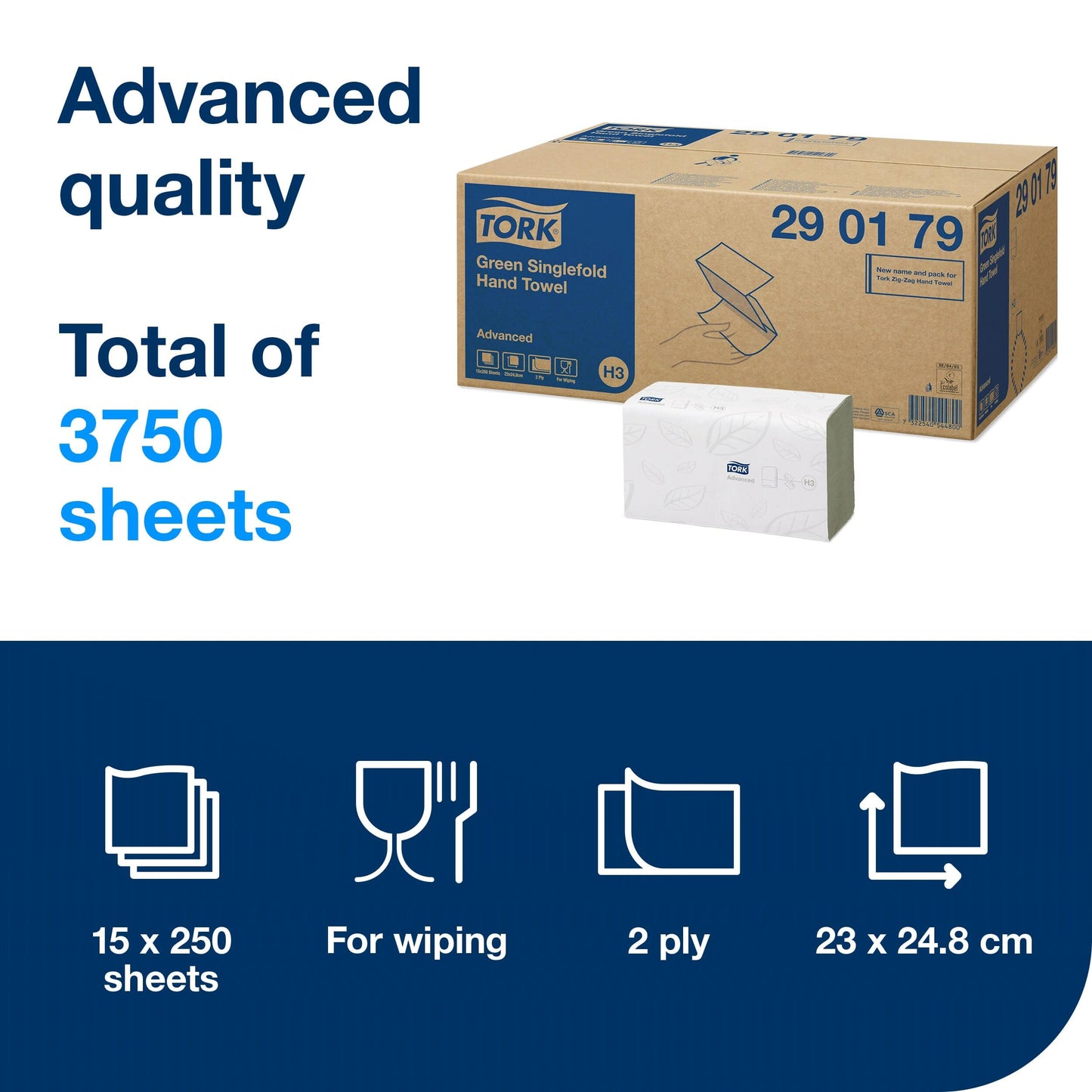 Tork Singlefold Hand Towels Green H3, Advanced, 15 x 250 Sheets, 290179, Prim...