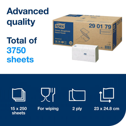 Tork Singlefold Hand Towels Green H3, Advanced, 15 x 250 Sheets, 290179, Prim...