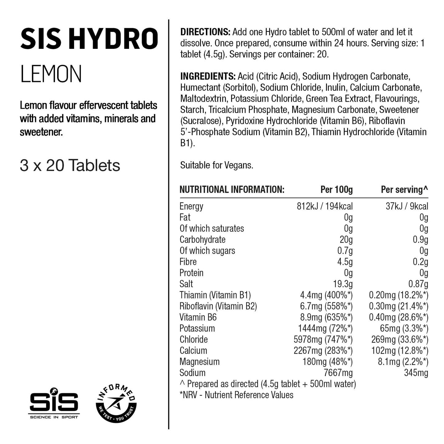 Science In Sport Hydro Hydration Tablets, Gluten-Free, Zero Sugar, Lemon Flav...