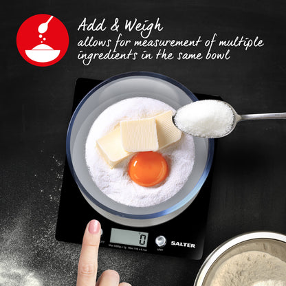 Salter Digital Kitchen Scale 5kg Capacity Baking/Cooking, Slim Disc Design Black